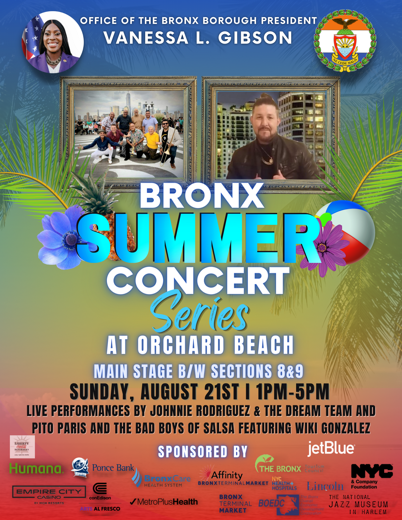 A flyer for the Bronx Summer Concert series at Orchard Beach on August 21 from 1 PM to 5 PM