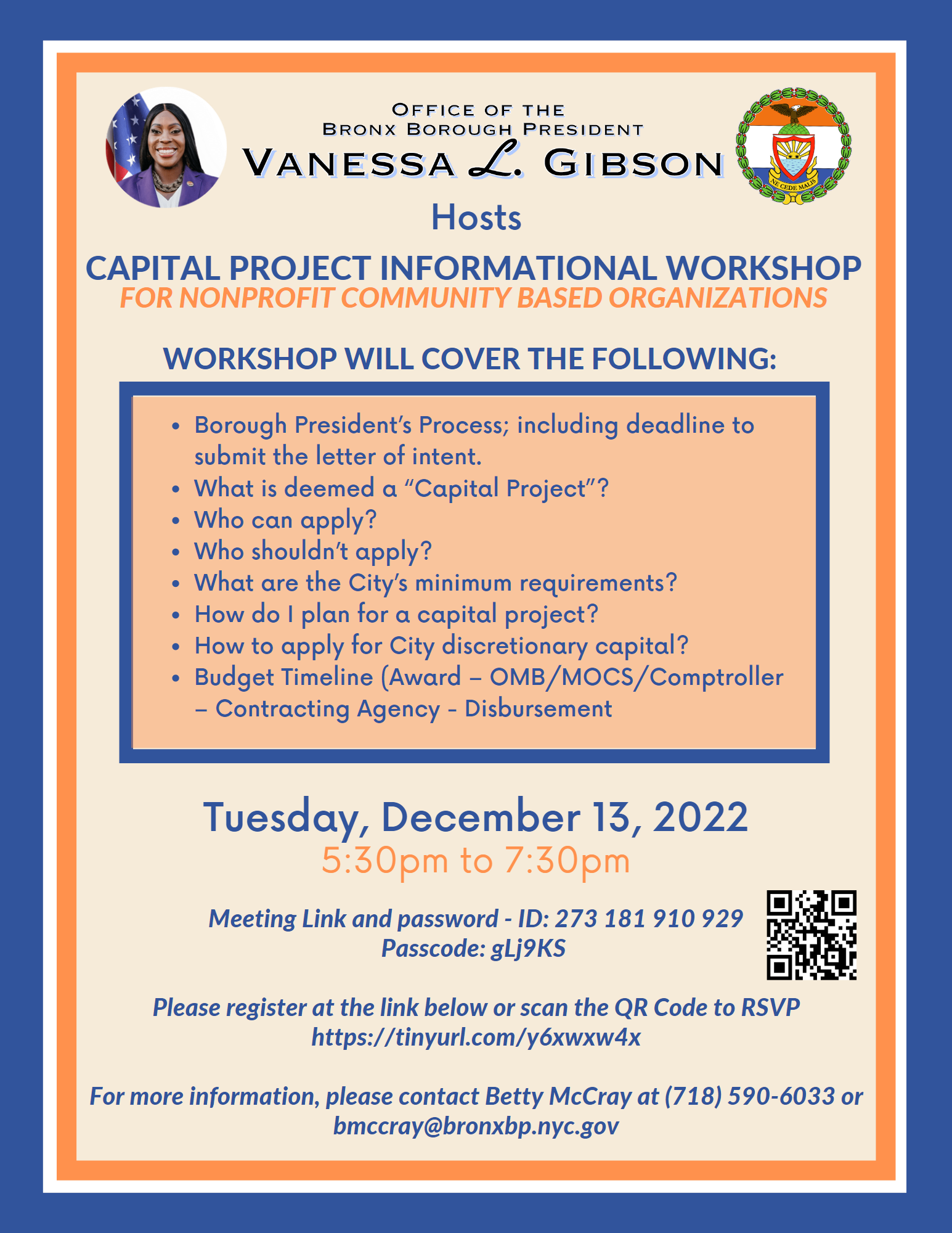 A flyer for a non-profit workshop for capital funding - email bmccray@bronxbp.nyc.gov for full details