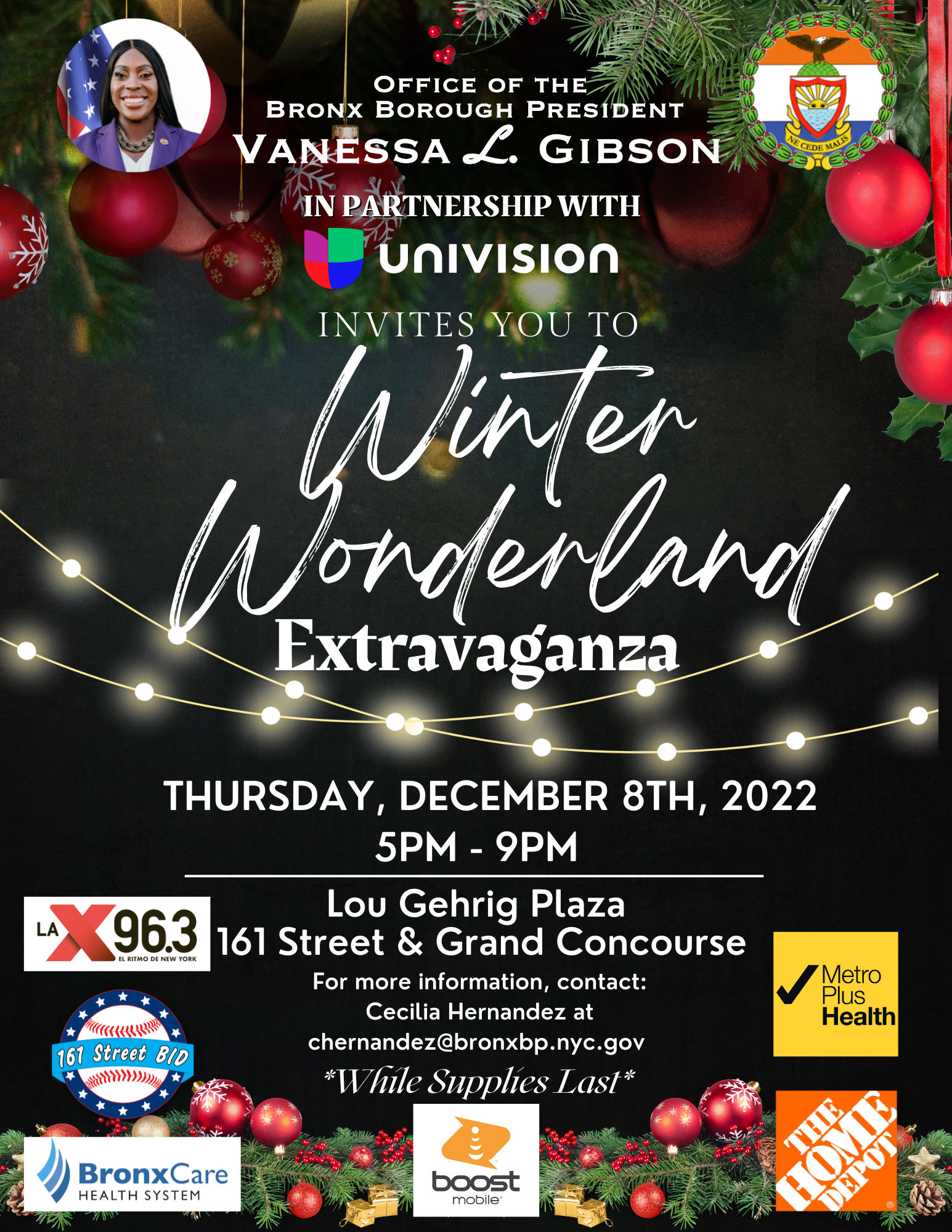 Winter Wonderland Extravaganza flyer - for more information contact Cecilia Hernandez at chernandez@bronxbp.nyc.gov