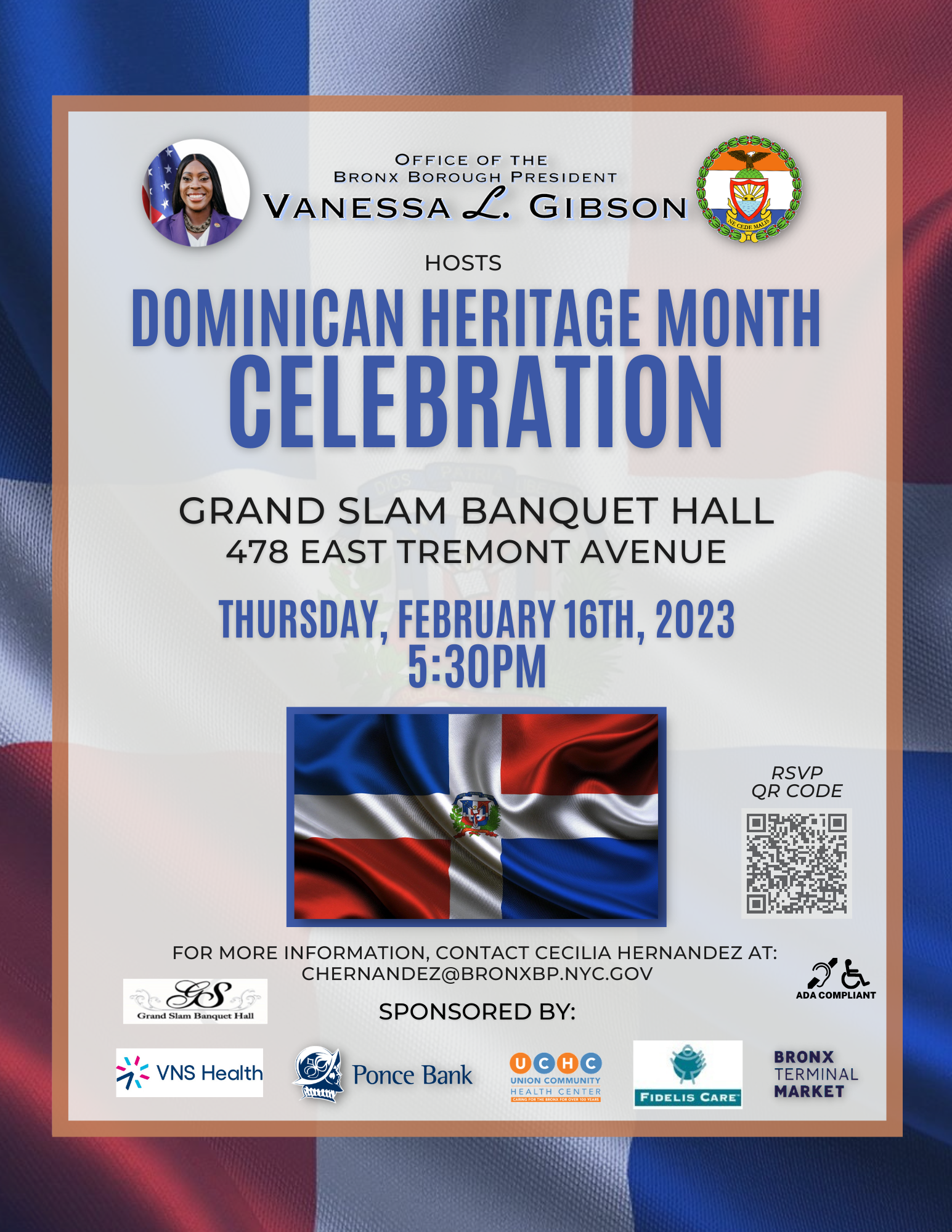 Dominican Heritage Month Celebration on February 16, 2023 at 5:30 PM - contact chernandez@bronxbp.nyc.gov for details