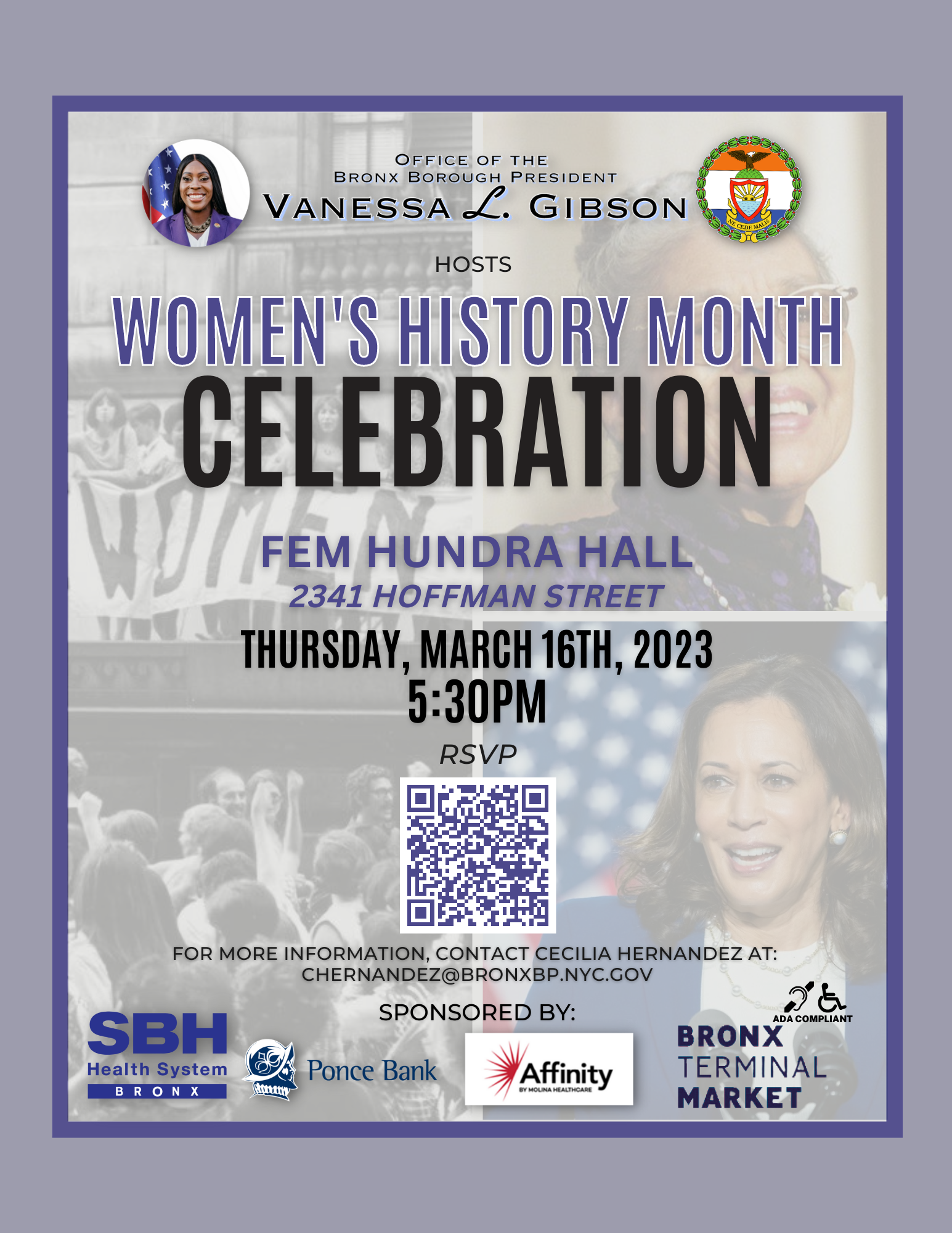 Flyer for Women's History Month Celebration - contact chernandez@bronxbp.nyc.gov for more information