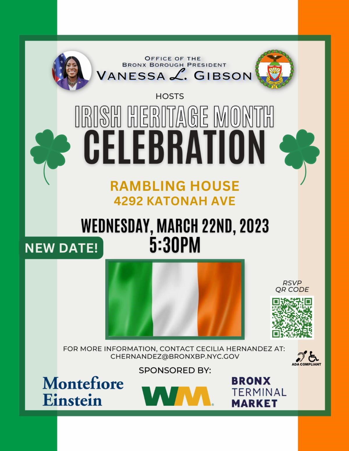 Flyer for Irish Heritage Celebration at 5:30 PM on 3/22/23 - contact chernandez@bronxbp.nyc.gov for more info