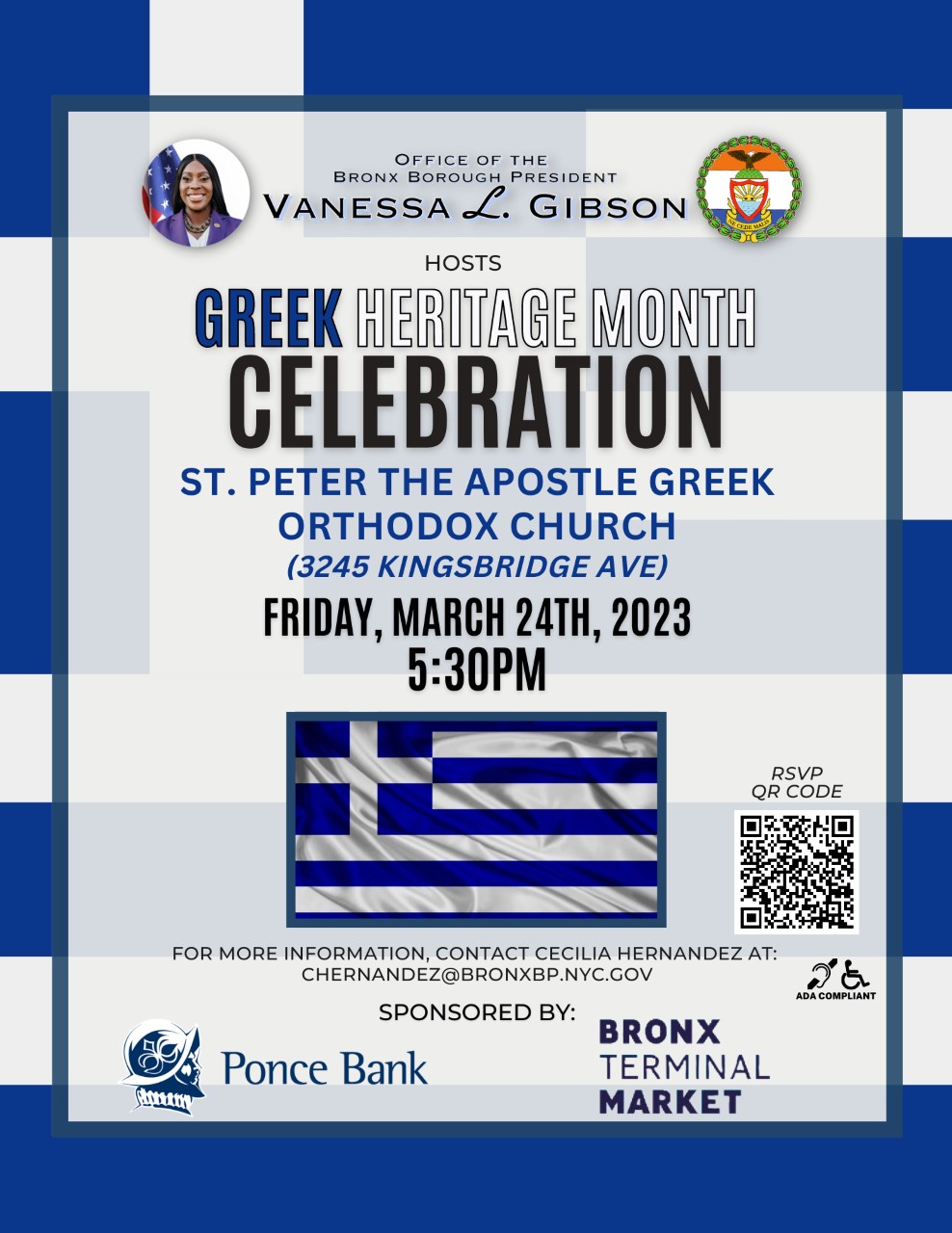 Flyer for Greek Heritage Month celebration on March 24 - email chernandez@bronxbp.nyc.gov for more info