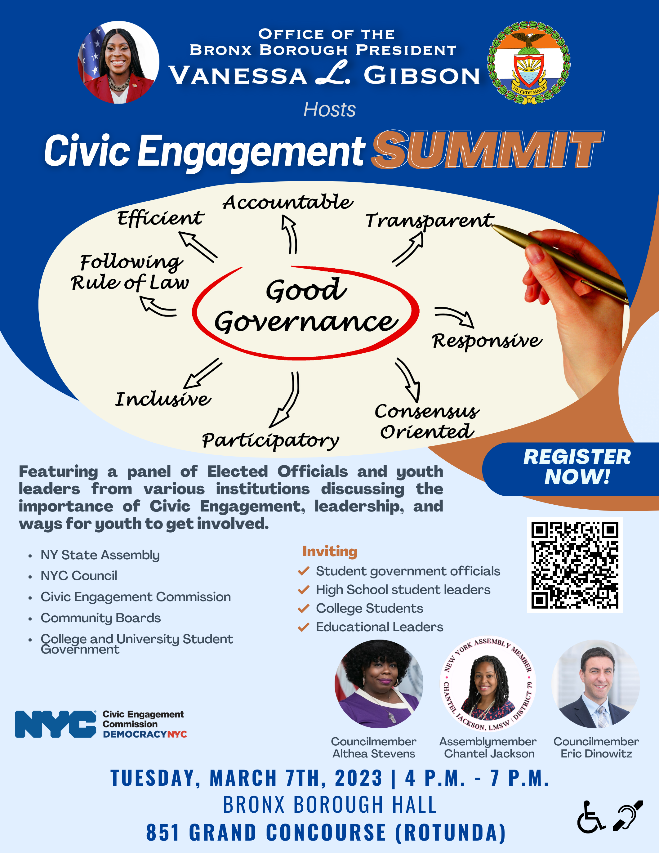 Flyer for a Civic Engagement Summit on March 7, 2023 - call 718-590-3500 for more information