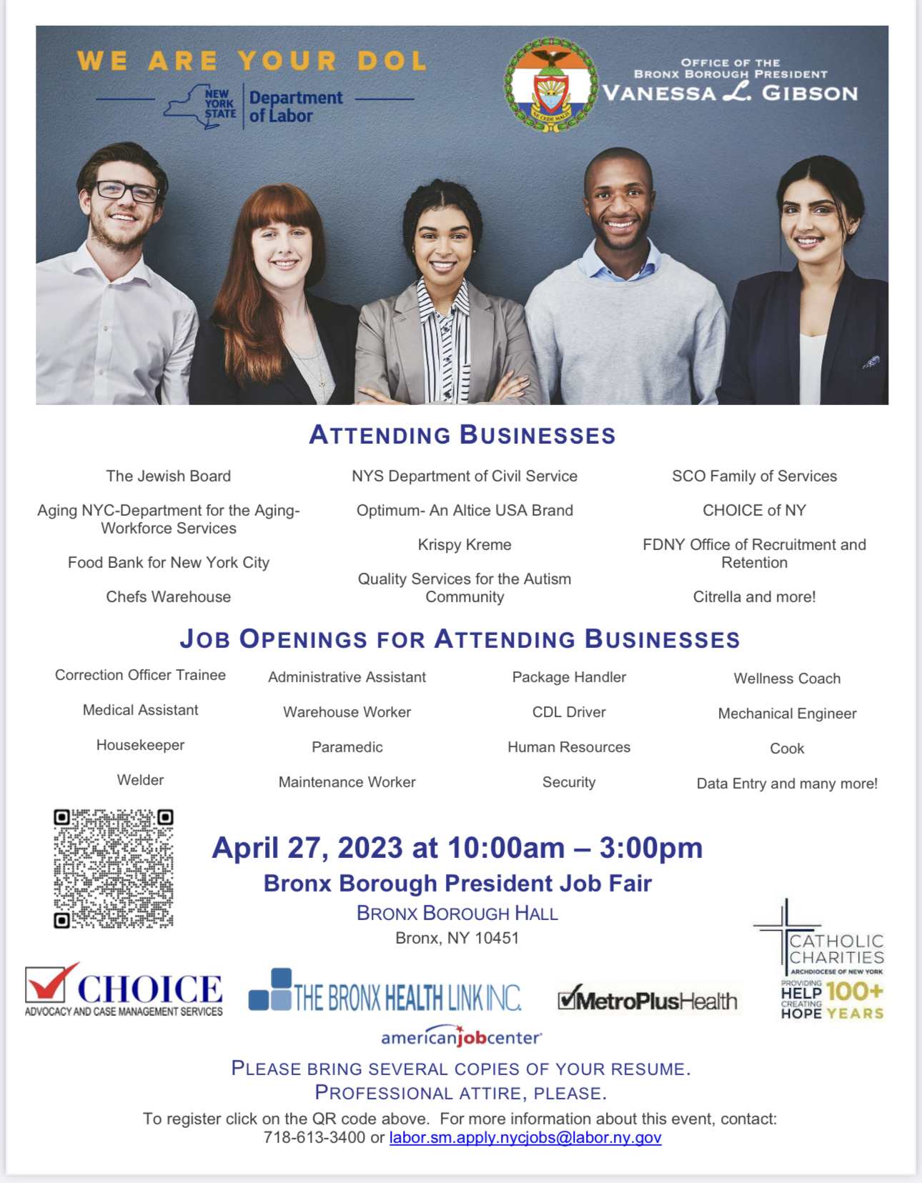 A flyer for a job fair on April 27, 2023.