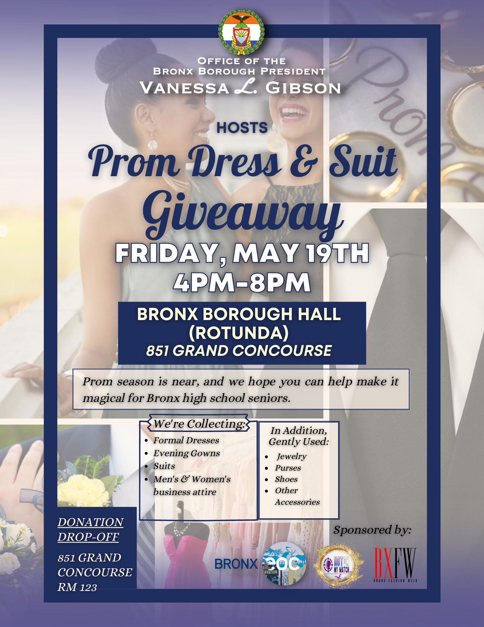 A flyer for a prom dress and suit giveaway event on May 19, 2023