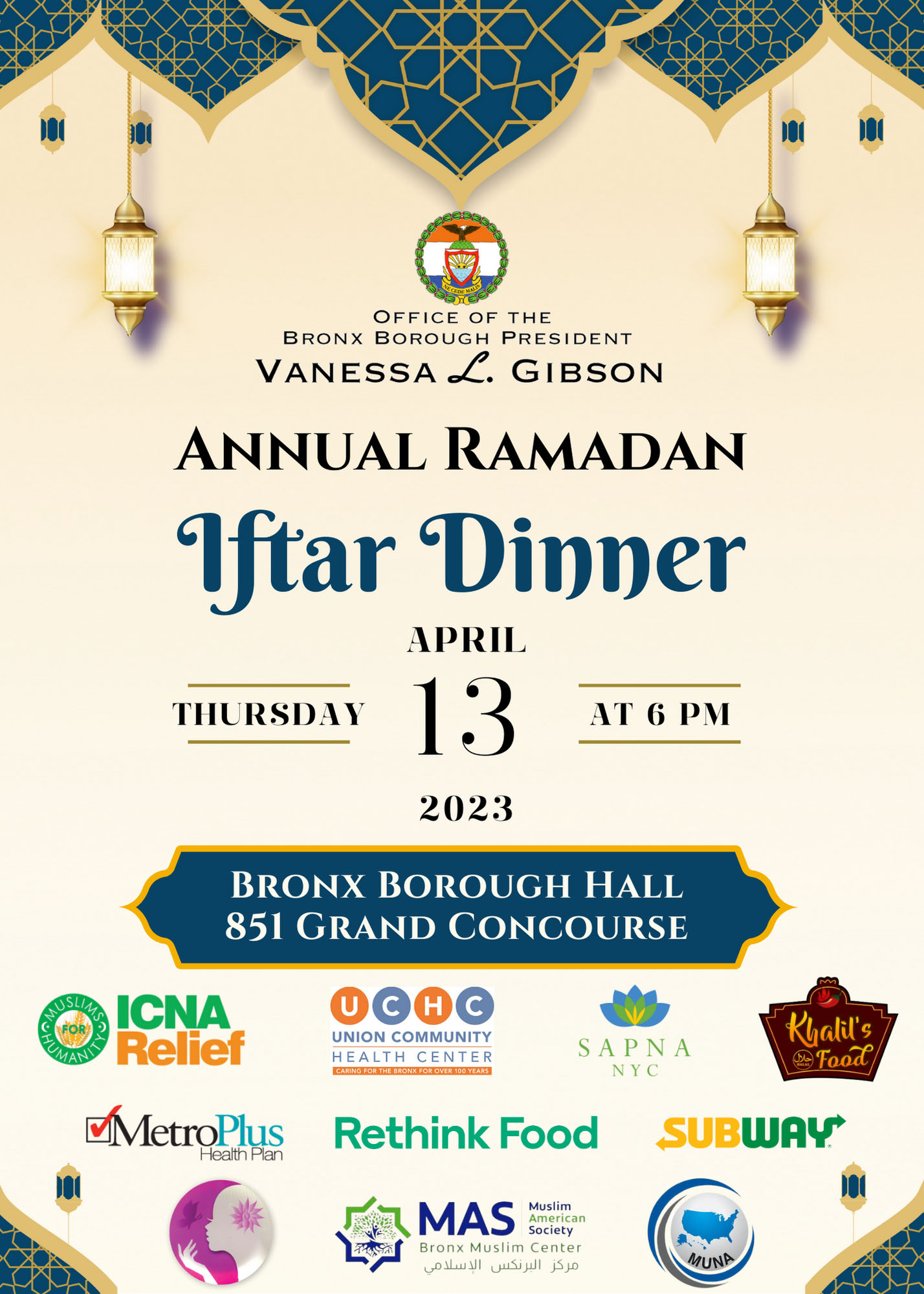 Flyer for Annual Ramadan Iftar Dinner on April 13