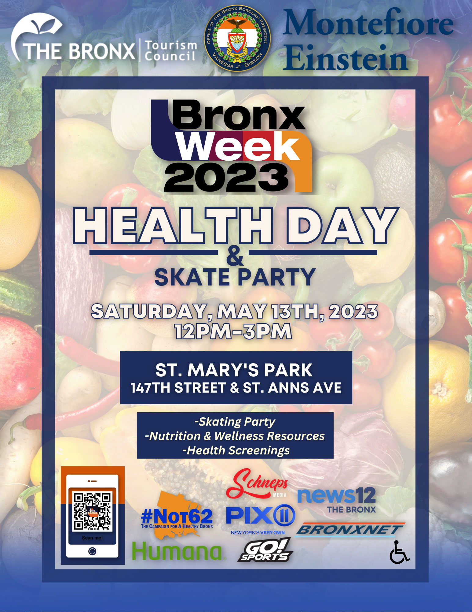 Flyer for Bronx Week Health Day & Skate Party, May 13, 2023