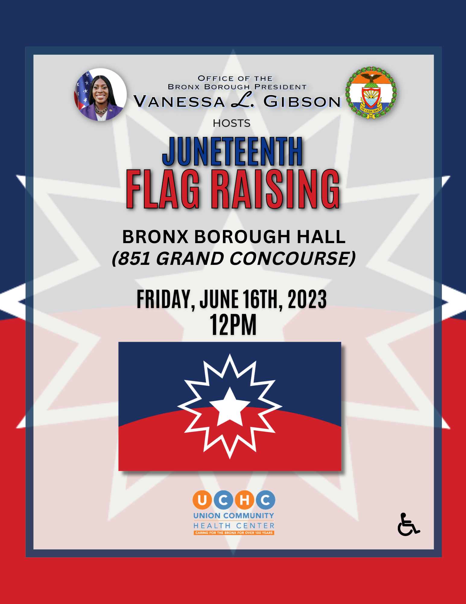 A flyer for BP Gibson's Juneteenth Flag Raising event on June 16, 2023, at 12 PM EDT
