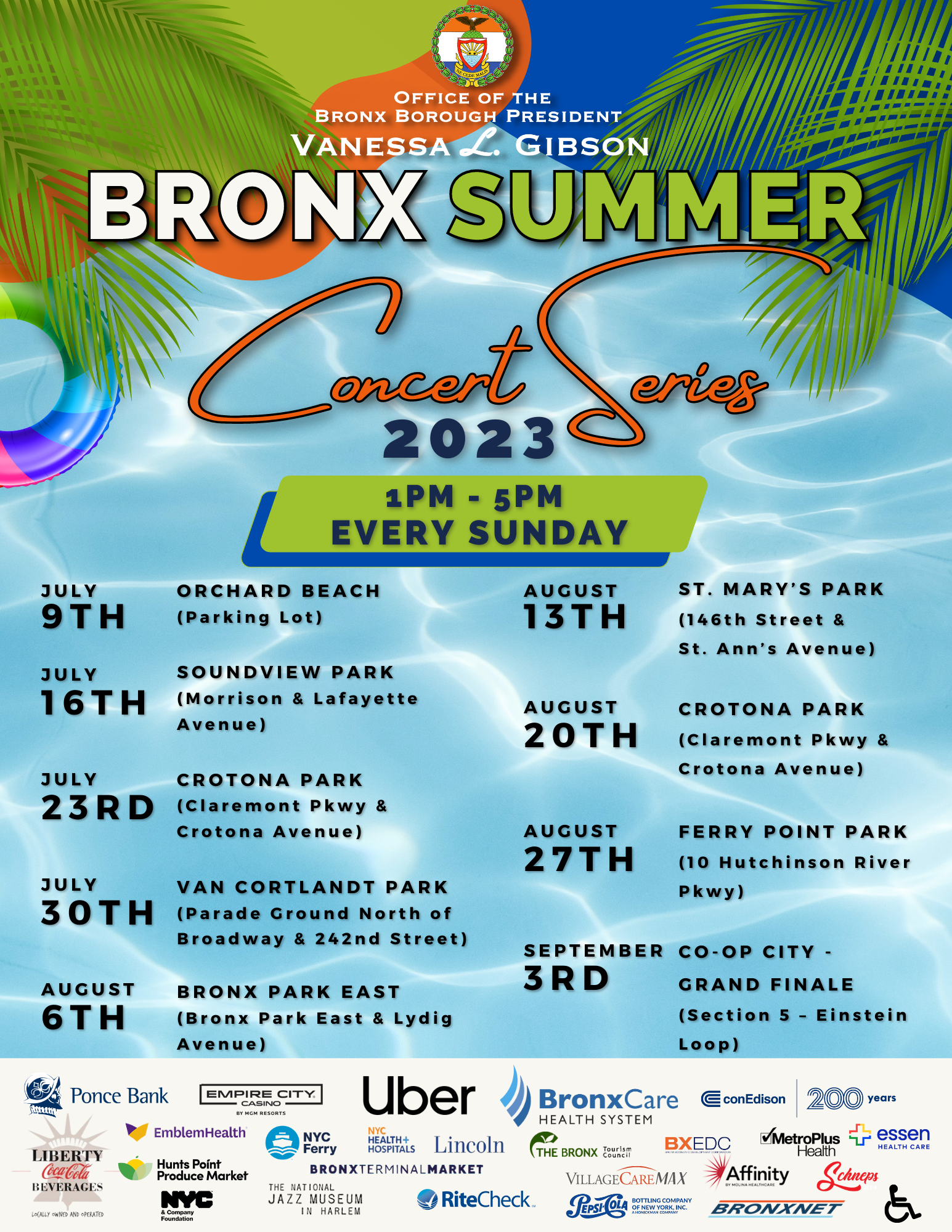 Flyer for the 2023 Bronx Summer Concert Series in English.