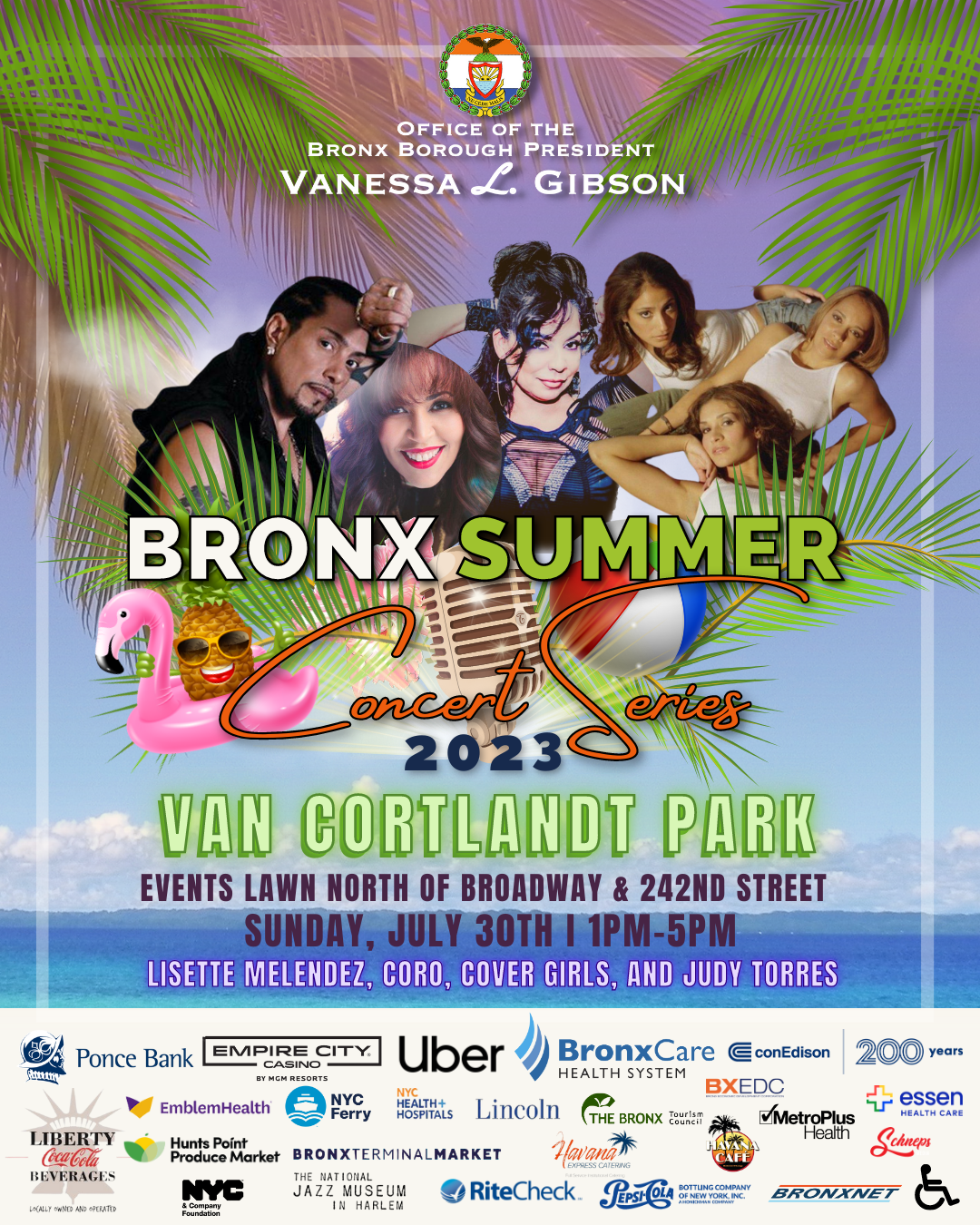 A flyer for the Bronx Summer Concert Series featuring Lisette Melendez, Coro, Cover Girls, and Judy Torres on Sunday, July 30 from 1 PM to 5 PM in Van Cortlandt Park on the lawn north of Broadway & West 242nd Street.