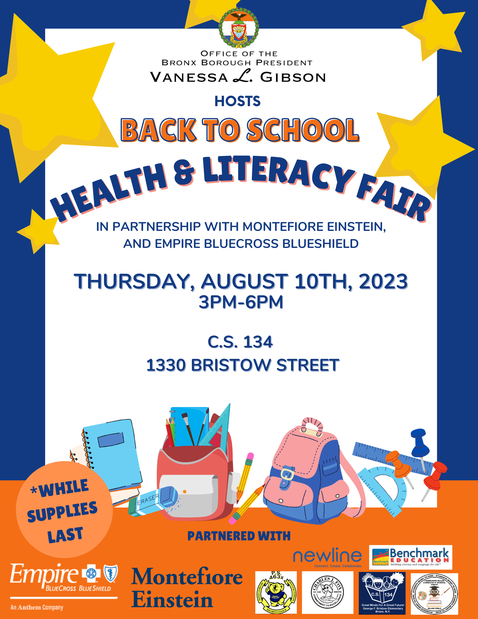 A flyer in English for the Back to School Health & Literacy Fair on August 10, 2023.
