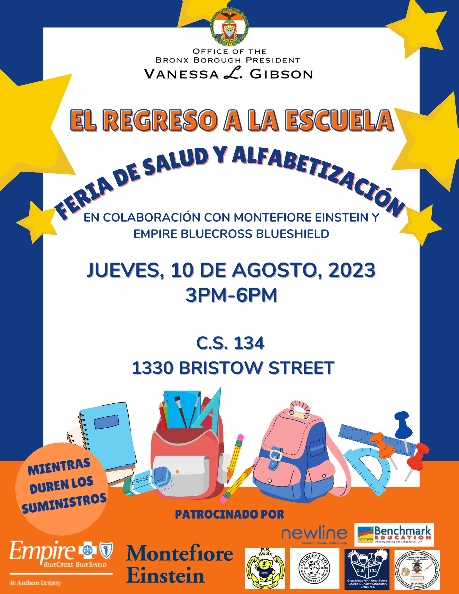 A flyer in Spanish for the Bronx Back to School Health & Literacy Fair on August 10, 2023.