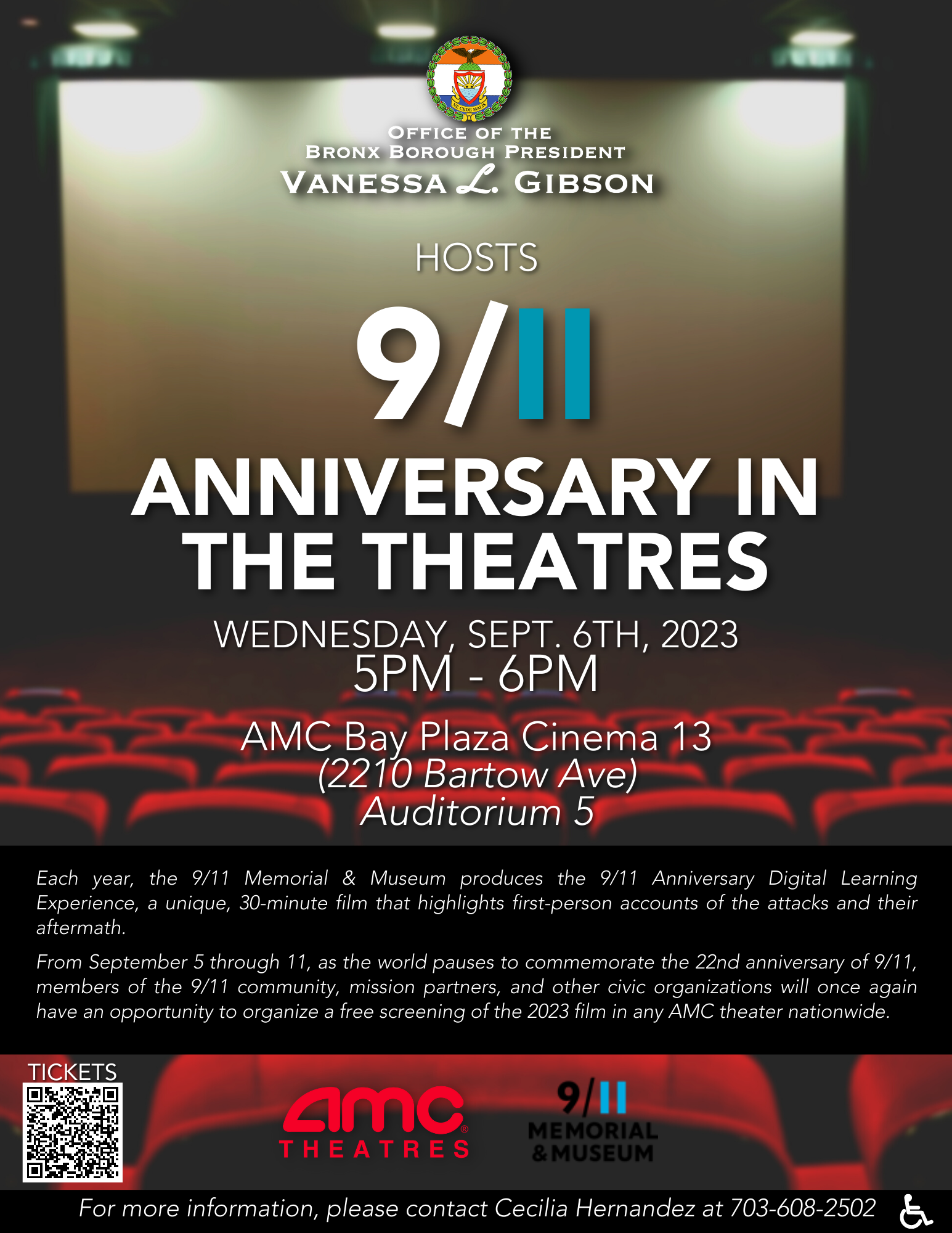 A flyer for a 9/11 Anniversary in the Theatres event on September 6 from 5 PM to 6 PM.