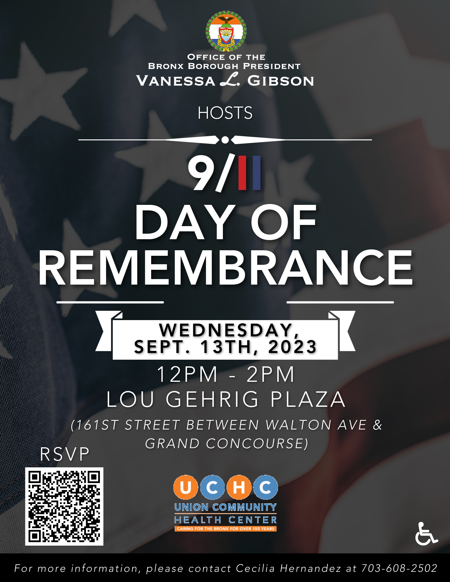 A flyer for the 9/11 Day of Remembrance event on September 13 from 12 PM to 2 PM.