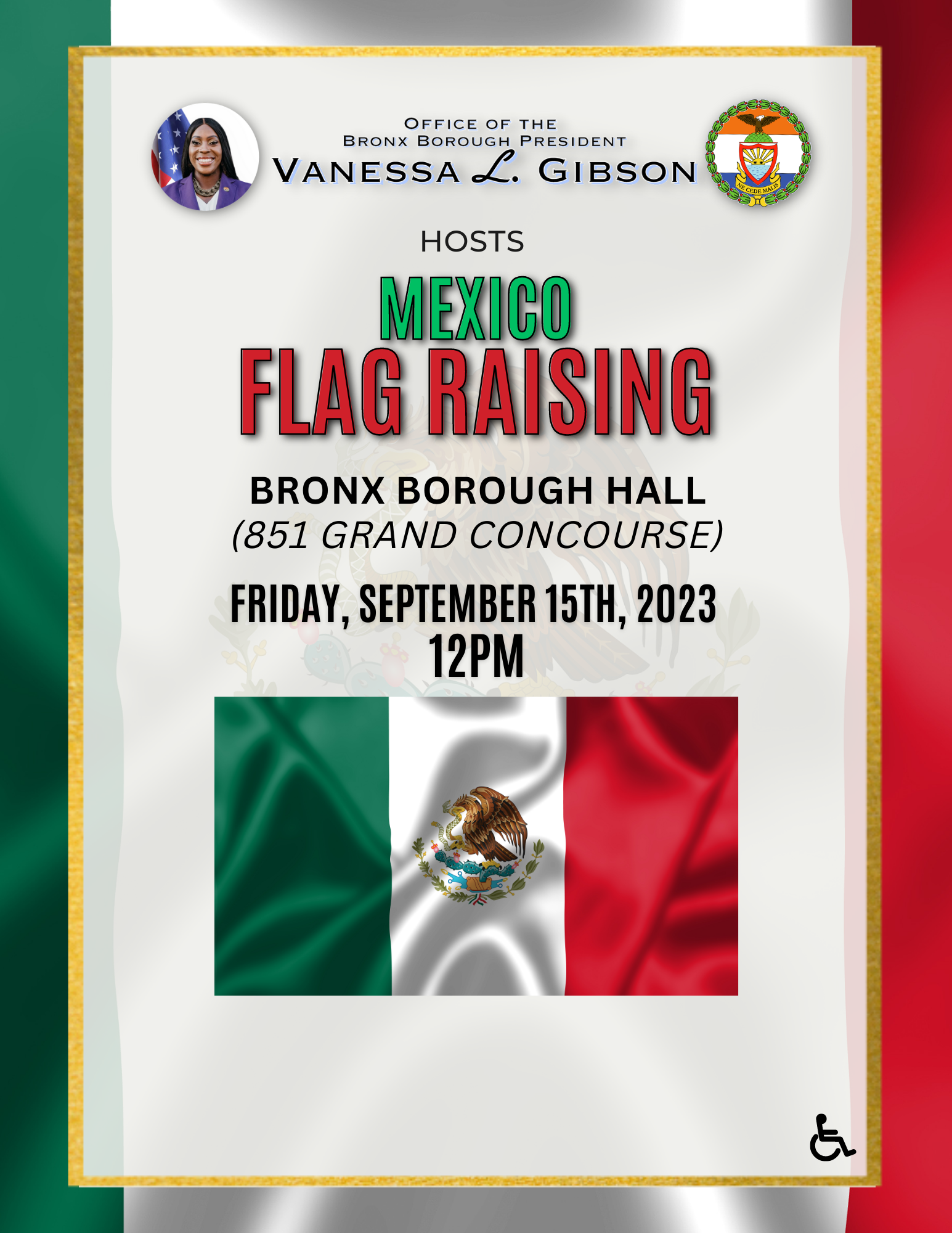 A flyer for the Mexican Flag Raising event on September 15, 2023, at 12 PM.
