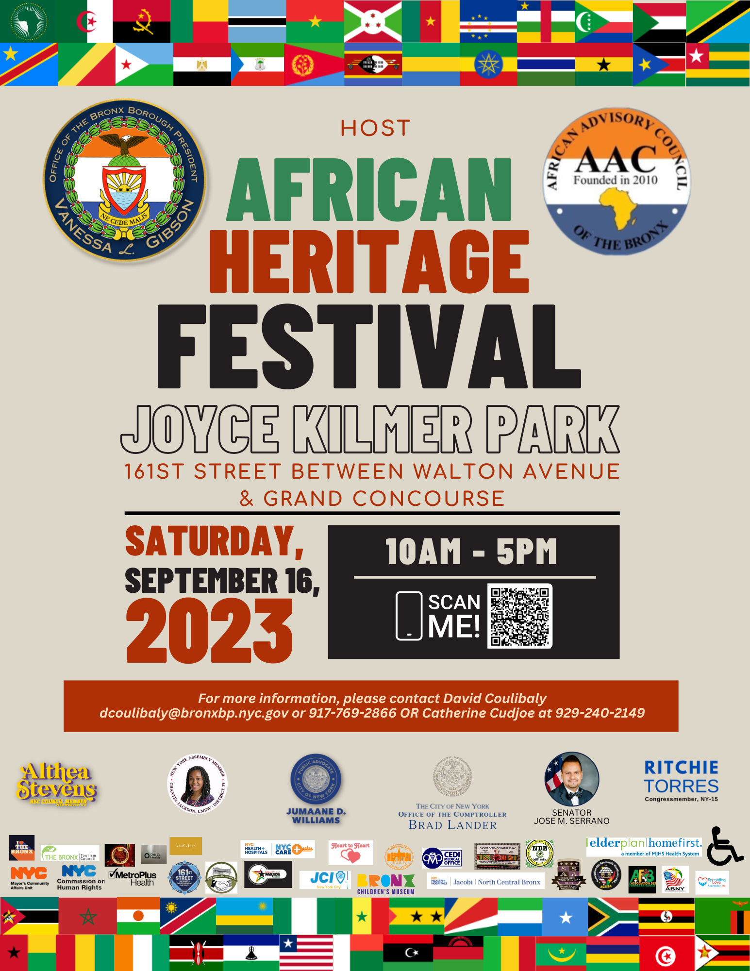 A flyer for the African Heritage Festival in Joyce Kilmer Park on September 16, 2023, from 10 AM to 5 PM.