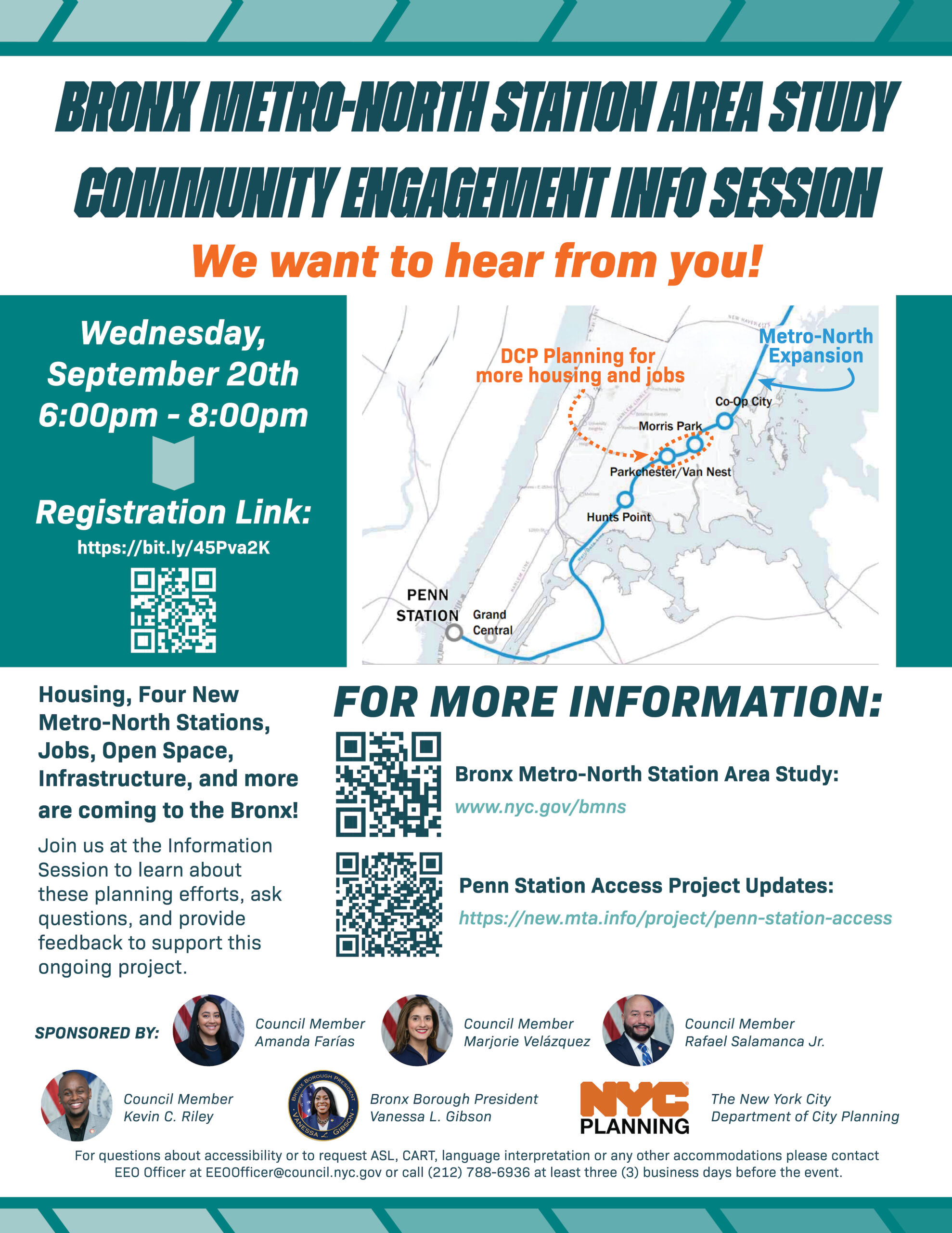 A flyer for a community engagement info session on the new Bronx Metro-North stops on 9/20/23 from 6 PM to 8 PM.