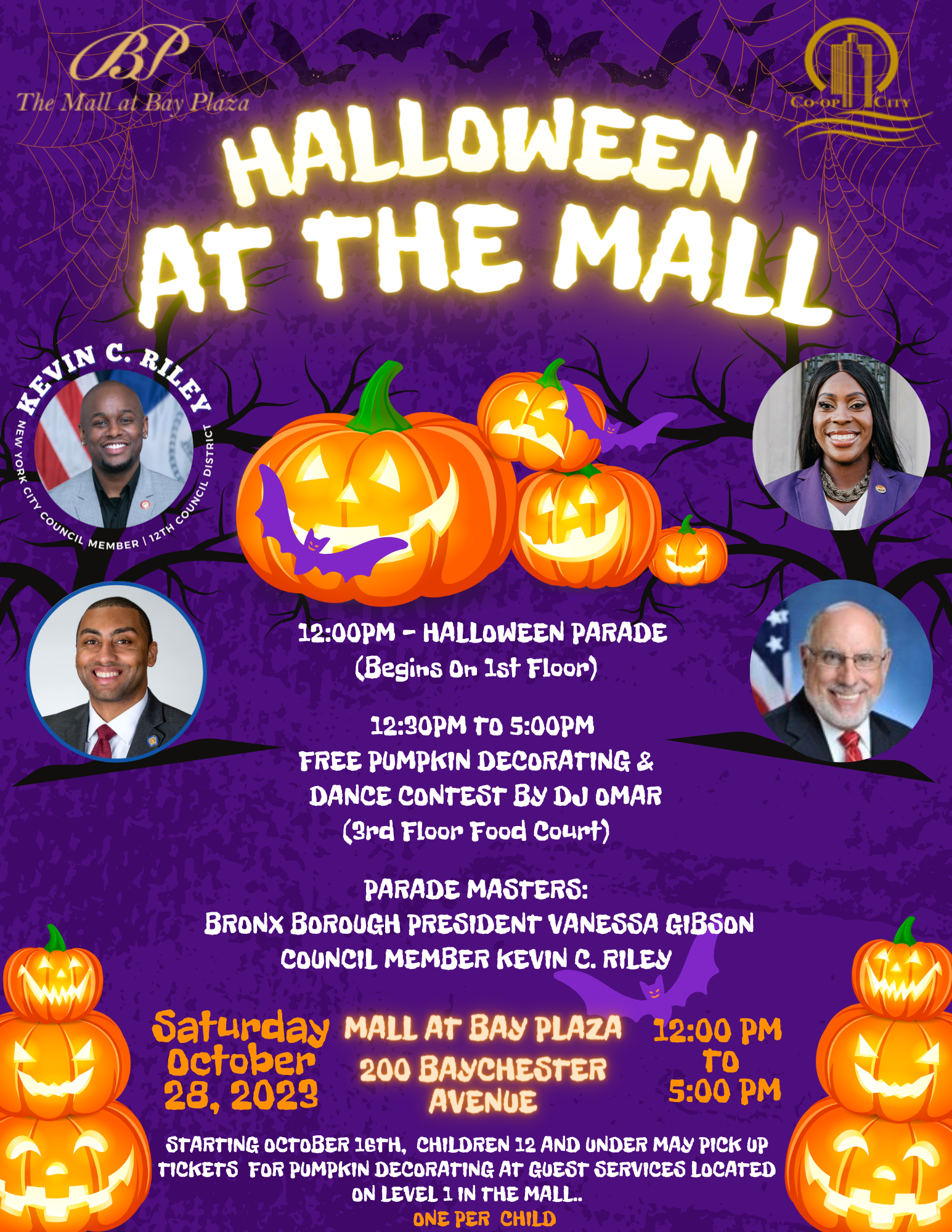 A flyer for the Halloween Parade at the Mall event on October 28, 2023 from 12 PM to 5 PM.