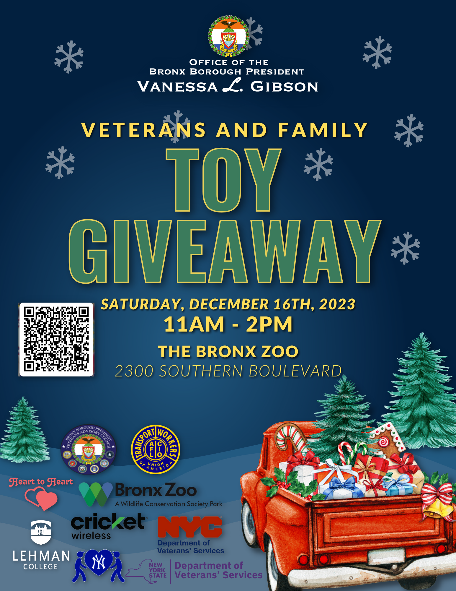 A flyer for a Veterans and Family Toy Giveaway event on December 16, 2023.