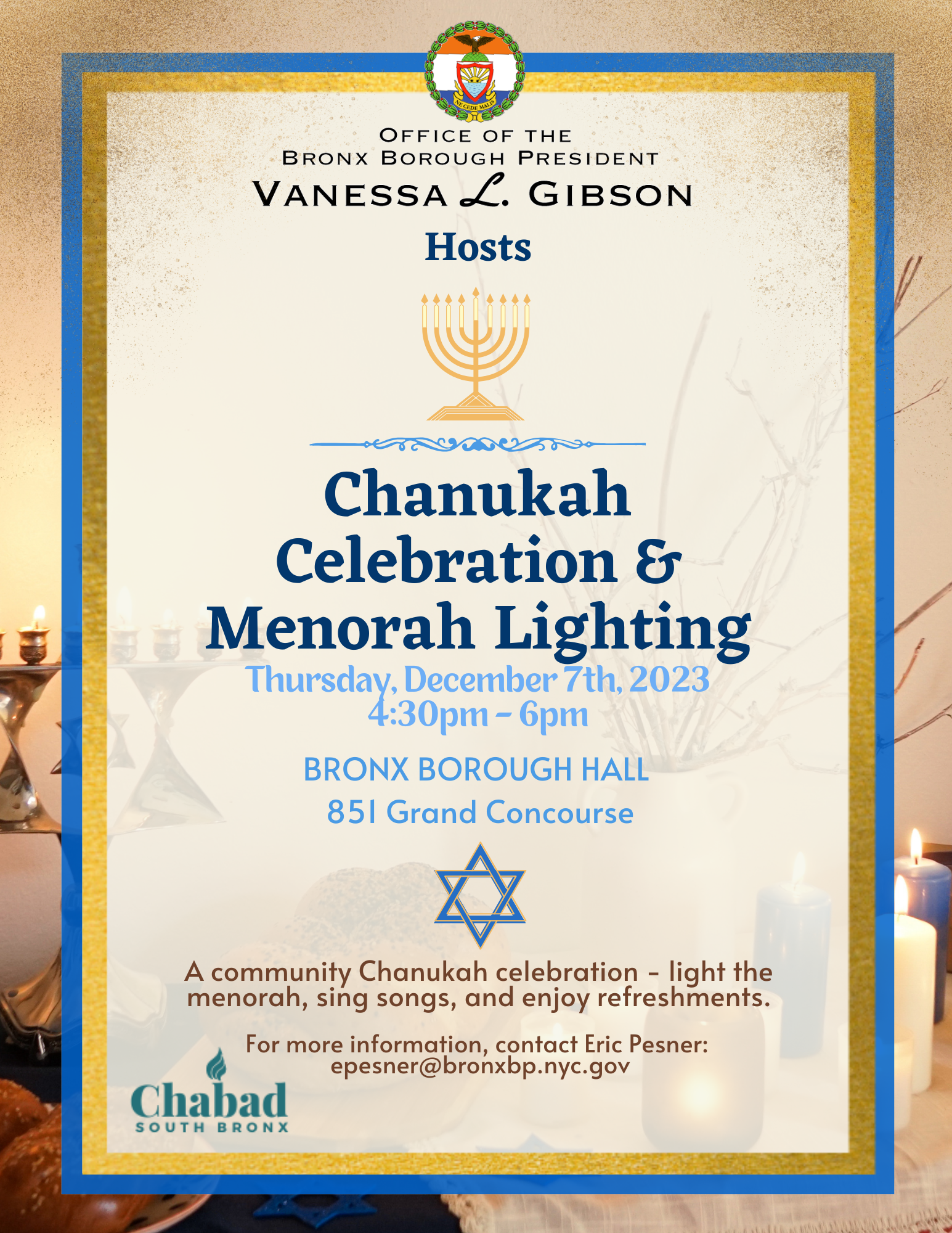 A flyer for BP Gibson's Chanukah Celebration & Menorah Lighting on December 7, 2023, at 4:30 PM