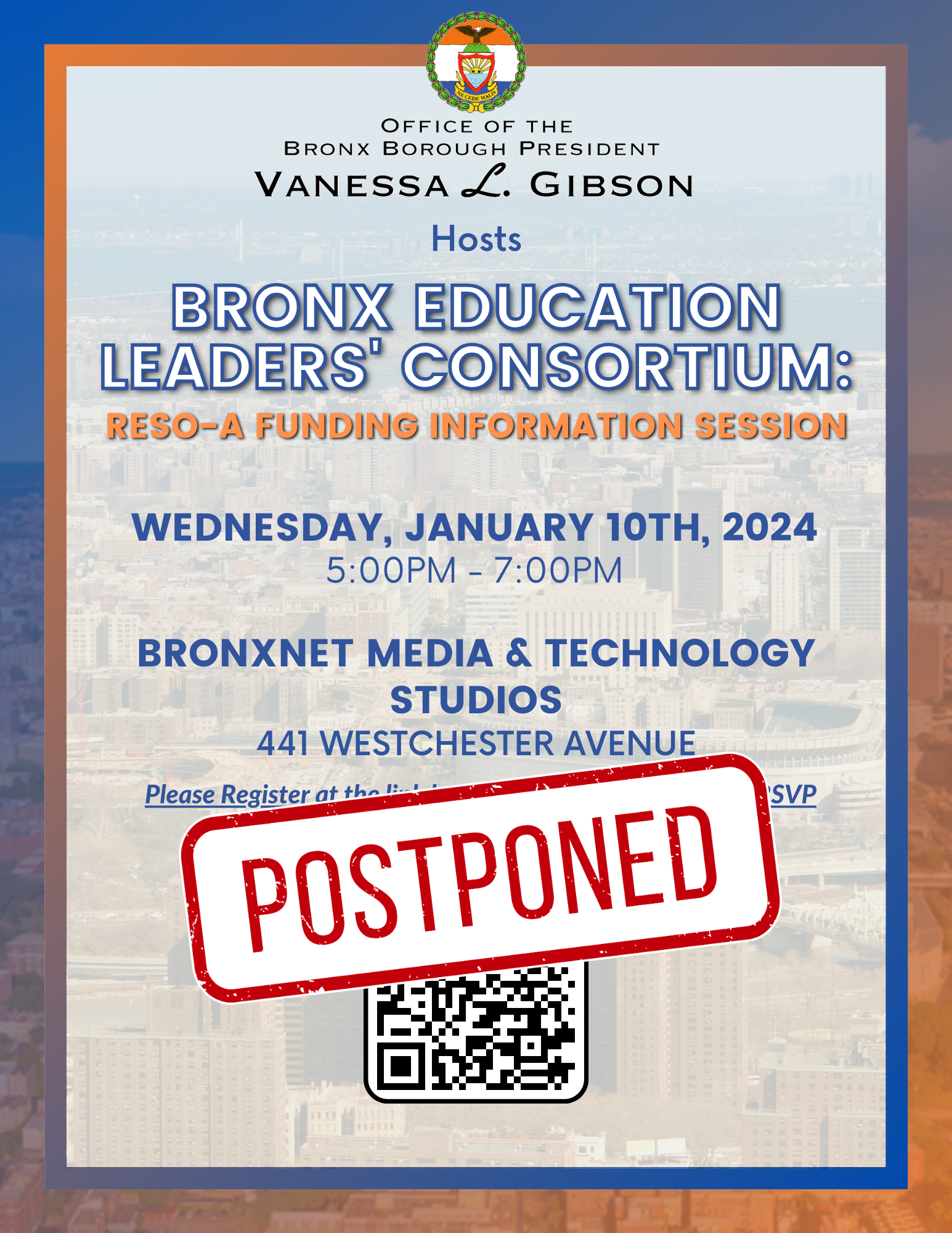 A flyer for the postponed Reso-A event that was originally scheduled for January 10, 2024.